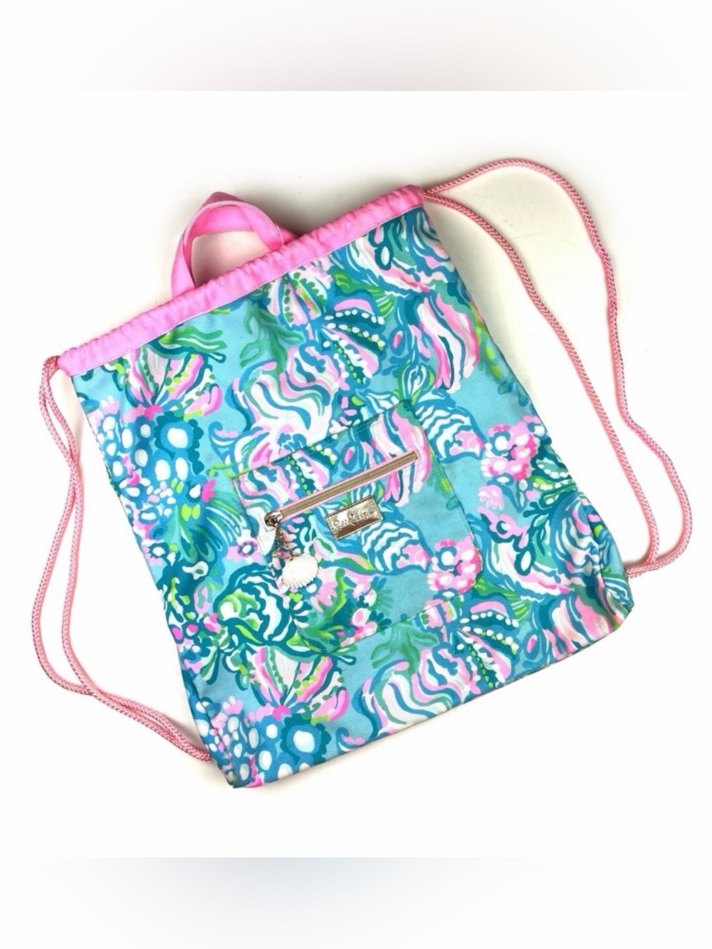 Lilly Pulitzer Aqua La Vista Drawstring Backpack Pink Blue Shell Print Beach Bag